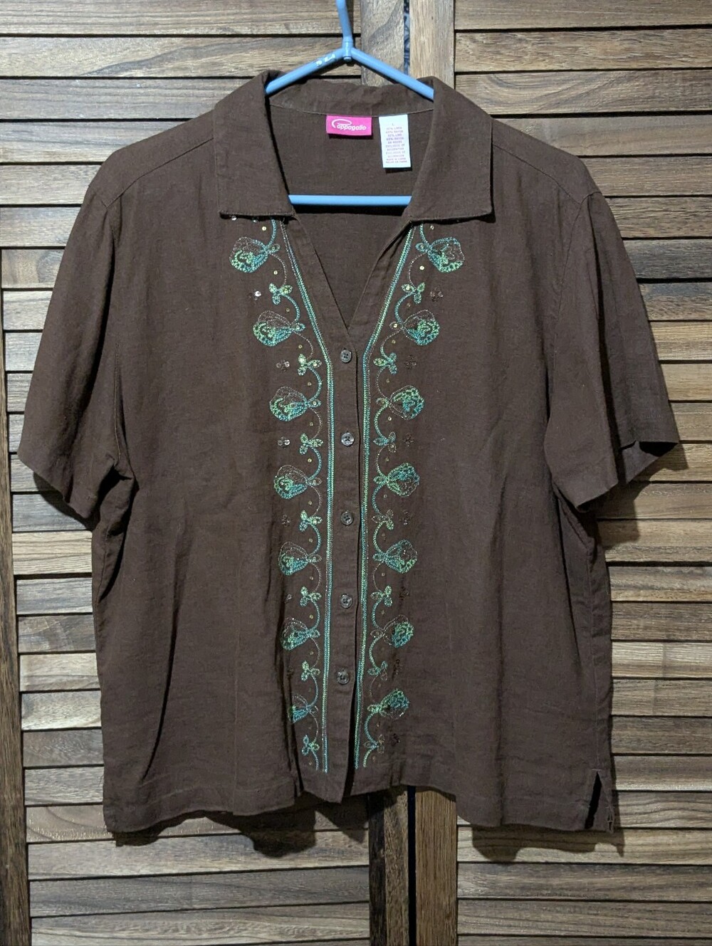Cappagallo Brown Linen Embroidered & Beaded Short Sleeve Button Down Shirt